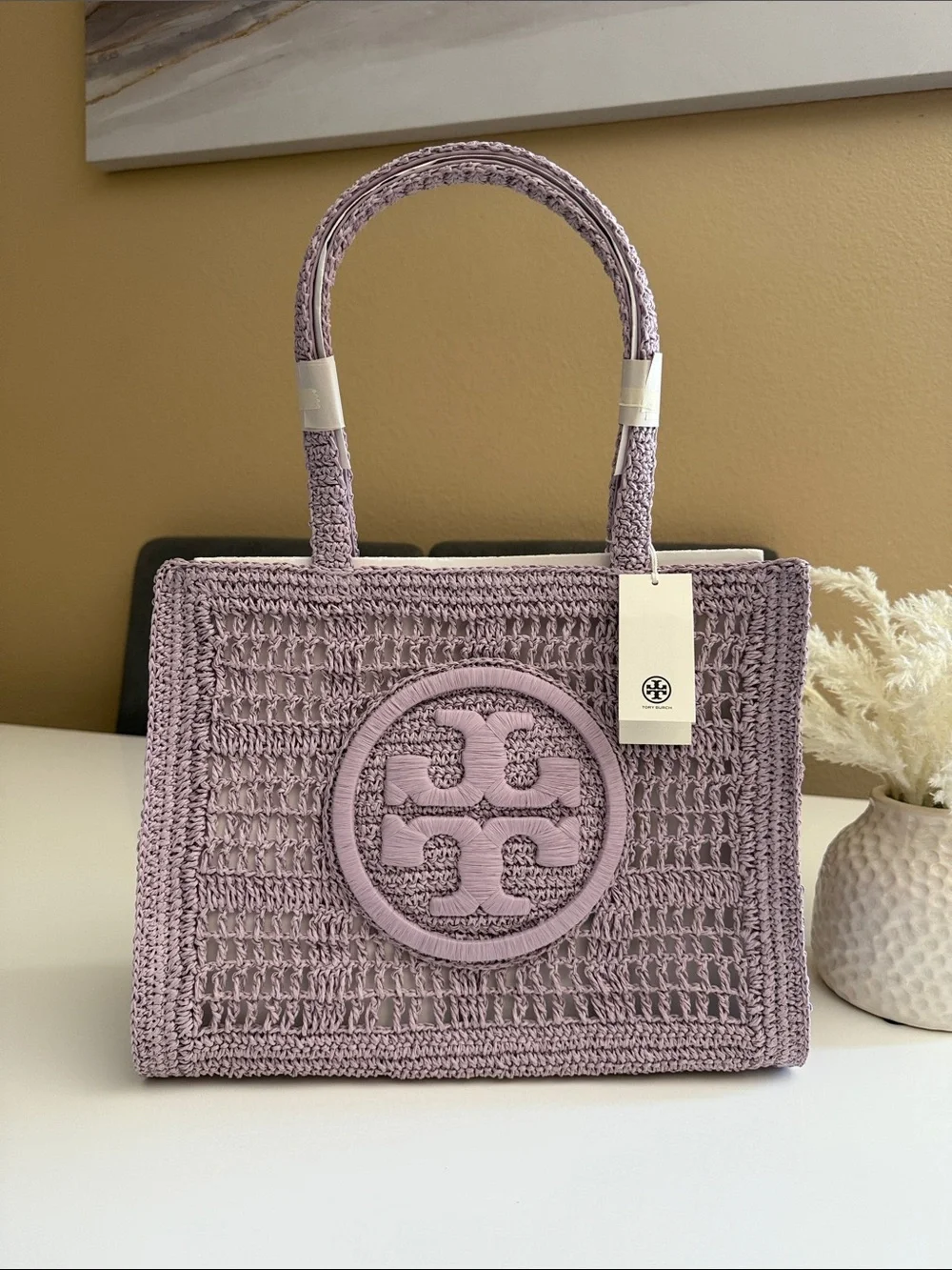 NWT , tory burch ELLA HAND-CROCHETED SMALL TOTE pale purple